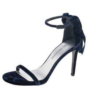 Stuart Weitzman Navy Blue Velvet My Bow Ankle-Strap Sandals Size 38