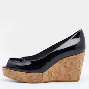 Stuart Weitzman Black Patent Leather Anna Cork Wedge Platform Peep Toe Pumps Size 39