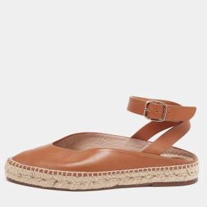 Stuart Weitzman Brown Leather Toga Ankle-Wrap Flat Espadrilles Size 37.5