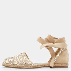 Stuart Weitzman Beige Suede Embellished Ankle Wrap Flat Espadrilles Size 41