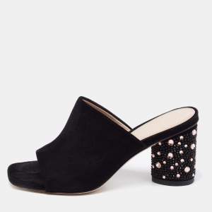 Stuart Weitzman Black Suede Crystal Embellished Block Heel Mule Sandals Size 36