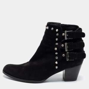 Stuart Weitzman Black Suede Studded Accents Ankle Boots Size 37.5