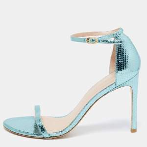 Stuart Weitzman Metallic Green Python Embossed Leather Ankle Strap Open Toe Sandals Size 41 