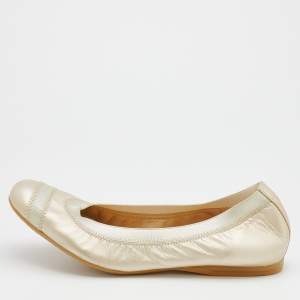 Stuart Weitzman Metallic Beige Leather and Elastic Trim Giveable Ballet Flats Size 39