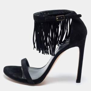 Stuart Weitzman Black Suede Love Fringe Ankle Strap Sandals Size 38