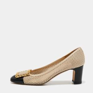 Stuart Weitzman Beige/Black Perforated Leather Cap Toe Pumps Size 36.5