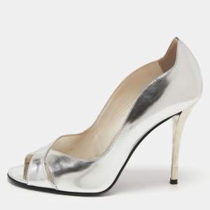 Stuart Weitzman Silver Leather Peep Toe Pumps Size 37.5