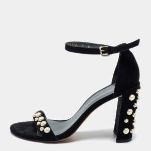 Stuart Weitzman Black Suede Faux Pearl Embellished Nudist Sandals Size 39.5