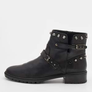 Stuart Weitzman Black Leather Go West Studded Ankle Length Boots Size 38.5