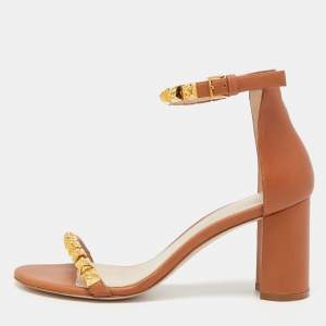 Stuart Weitzman Brown Leather Embellished Ankle Strap Sandals Size 39.5