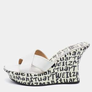 Stuart Weitzman White Leather Criss Cross Platform Slide Sandals Size 37