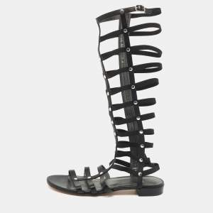 Stuart Weitzman Black Leather Gladiator Flat Sandals Size 37