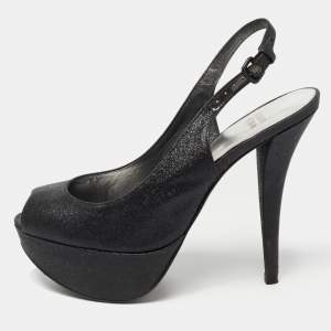 Stuart Weitzman Black Glitter Peep Toe Slingback Platform Pumps Size  38