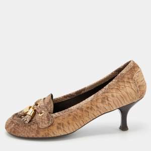 Stuart Weitzman Brown Python Embossed Leather Loafer Pumps Size 38.5