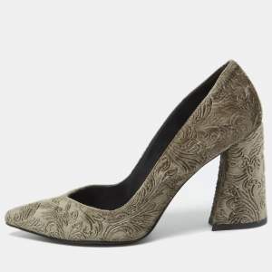 Stuart Weitzman Olive Green Textured Velvet Block Heel Pumps Size 37