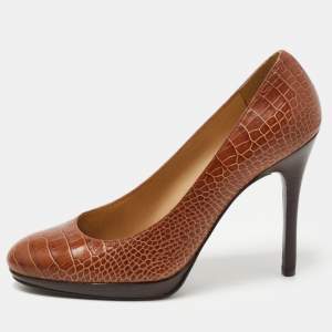 Stuart Weitzman Brown Croc Embossed Leather Platform Pumps Size 38.5