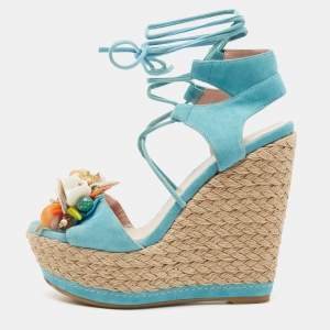Stuart Weitzman Blue Suede Lace Up Wedge Sandals Size 36