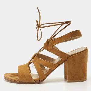 Stuart Weitzman Tan Suede Lace Up Block Heel Sandals Size 38