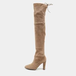 Stuart Weitzman Khaki Beige Suede Tie Land Over The Knee Block Heel Boots Size 37