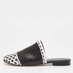 Stuart Weitzman Black/White Woven Leather Indiana Slide Mules Size 37