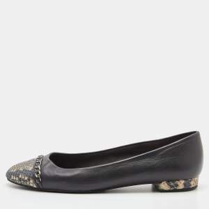 Stuart Weitzman Grey/Beige Leather and Snakeskin Embossed Leather Chain Detail Ballet Flats Size 38.5