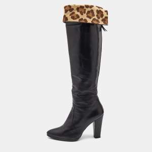 Stuart Weitzman Black Leather and Leopard Calf Hair knee Length Boots Size 39