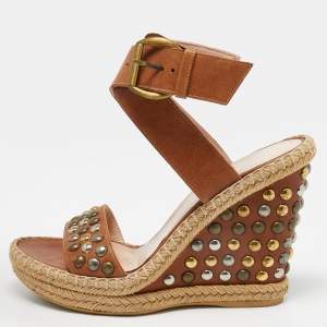 Stuart Weitzman Brown Studded Leather Hubcaps Wedge Sandals Size 39