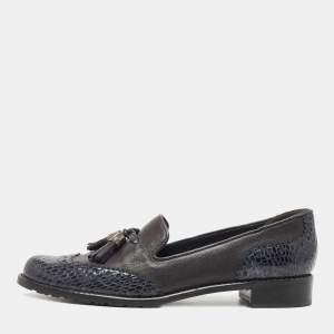 Stuart Weitzman Grey/Black Python embossed and Leather Tassel Loafers  Size 37