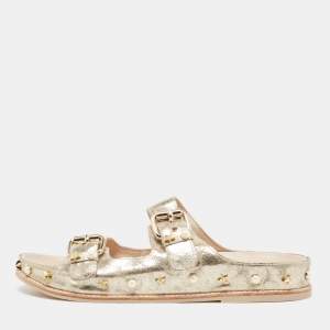 Stuart Weitzman Gold Leather Embellished Slides Size 41