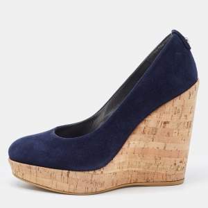 Stuart Weitzman Navy Blue Suede Corkswoon Wedge Pumps Size 37