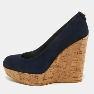 Stuart Weitzman x Russell Bromley Navy Blue Suede Corkswoon Wedge Pumps Size 35.5