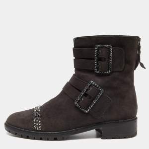 Stuart Weitzman Black Suede Crystal Embellished Ankle Length Boots Size 37.5