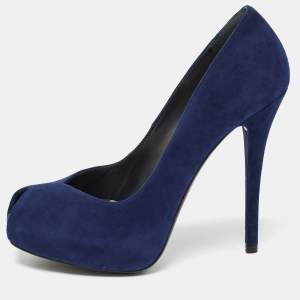 Stuart Weitzman Blue Suede Peep Toe Pumps Size 38.5