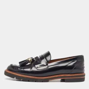 Stuart Weitzman Black Leather The Manila Tassel Slip On Loafers Size 40