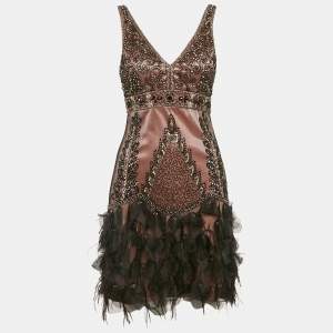 Sue Wong Black/Pink Embellished Tulle Feather Detail Sleeveless Mini Dress S