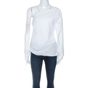 T by Alexander Wang White Cotton Ruched Detail One Shoulder Top M