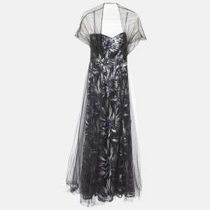 Tadashi Shoji Black Floral Sequined Tulle Draped Gown XS 