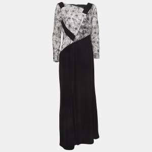 Tadashi Shoji Black/White Floral Embroidered Tulle and Crepe Maxi Dress L