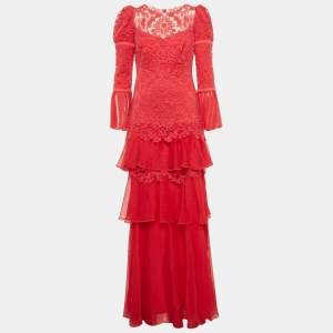 Tadashi Shoji Pink Chiffon and Tulle Tiered Moreau Gown S