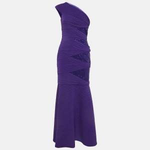 Tadashi Shoji Purple Pintuck Jersey Sequin Detail One Shoulder Gown XS