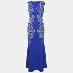 Tadashi Shoji Blue Floral Embroidery Textured Crepe Sleeveless Gown S
