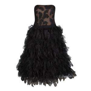 مملوكة مسبقًا Tadashi Shoji Black Tulle Embroidered Faux Feather Strapless Dress M