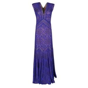 Tadashi Shoji Purple and Beige Floral Embroidered Lace Maxi Dress L