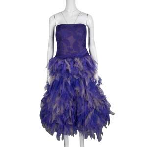 Tadashi Shoji Purple and Begie Tulle Embroidered Faux Feather Strapless Dress S