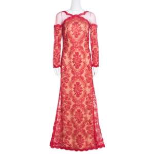 Tadashi Shoji Red Floral Lurex Embroidered Sheer Shoulder Detail Gown M