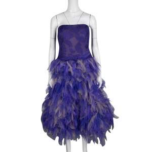 Tadashi Shoji Purple and Begie Tulle Embroidered Faux Feather Strapless Dress L