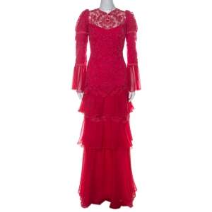 Tadashi Shoji Pink Chiffon & Lace Tiered Moreau Gown L