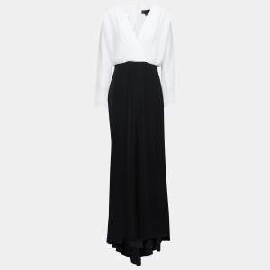 Tadashi Shoji Black/White Crepe Wrap Effect Maxi Dress M