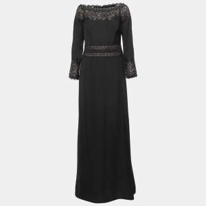 Pre Owned Tadashi Shoji Black Crepe and Lace Off-Shoulder Gown L