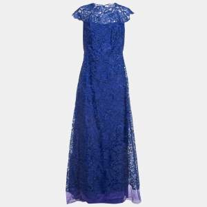 فستان سهرة تداشي شوجي دانتيل أورغانزا أزرق مورد بأكمام قصيرة مقاس كبير - لارج